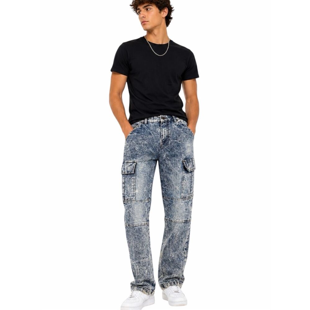 COLOURS ALEXANDER JULIAN Men’s Acid Wash Cargo Jeans Blue Stretch 32x32